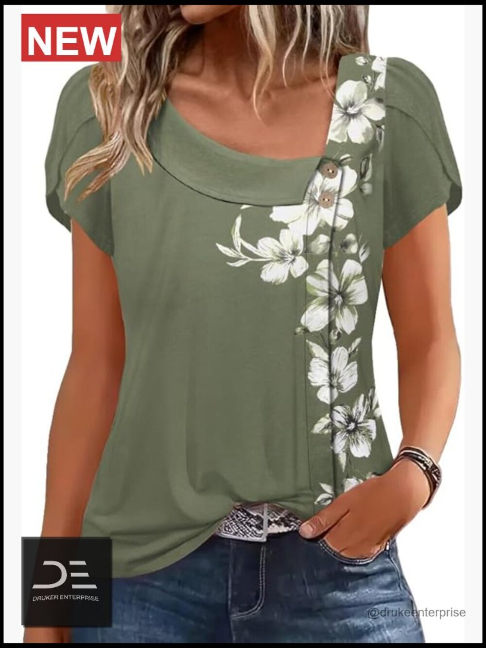 Square Neck Tunic with Petal Sleeves and Button Detail